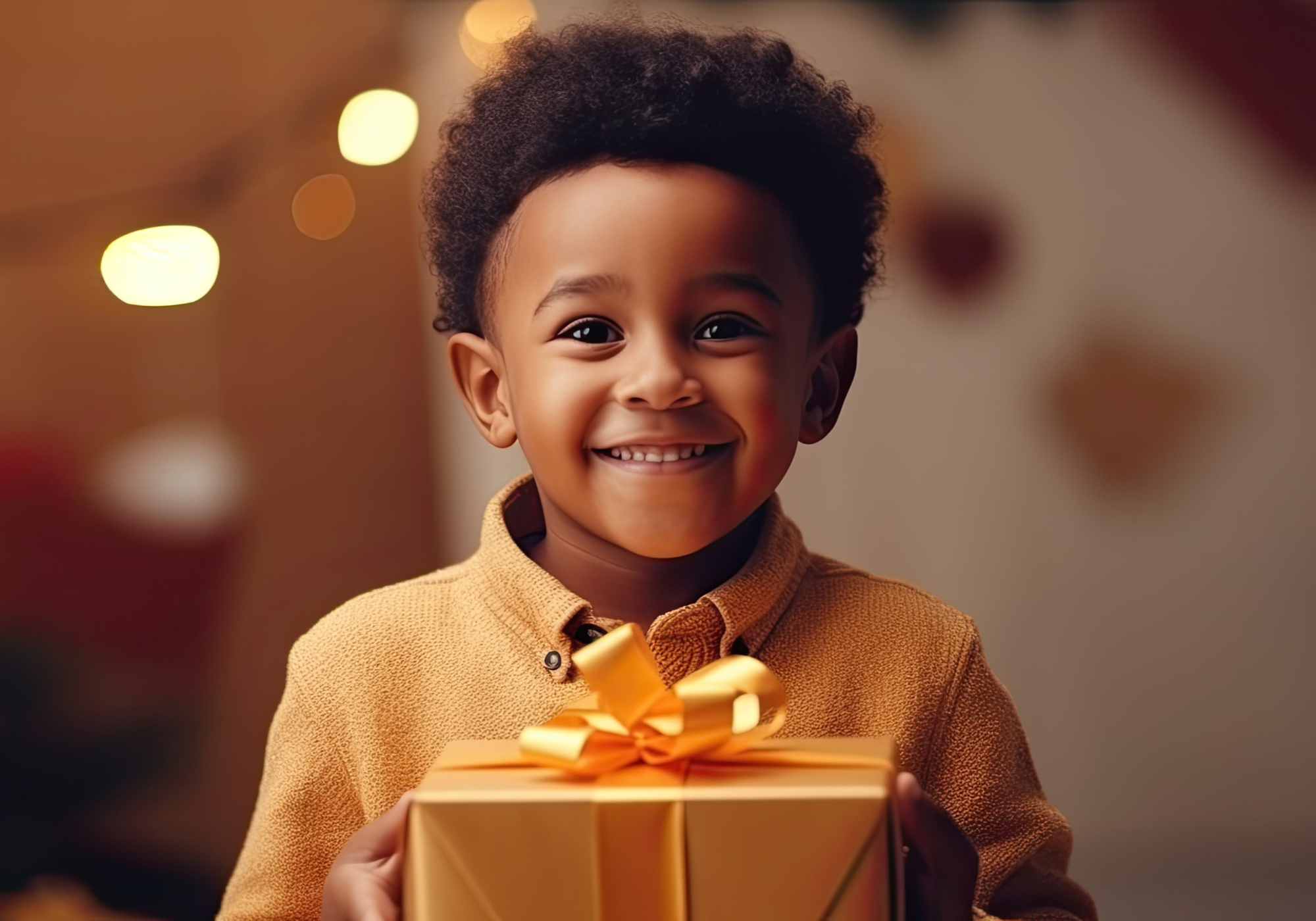 smiling boy in yellow sweater holding present with gold wrapping paper and bow